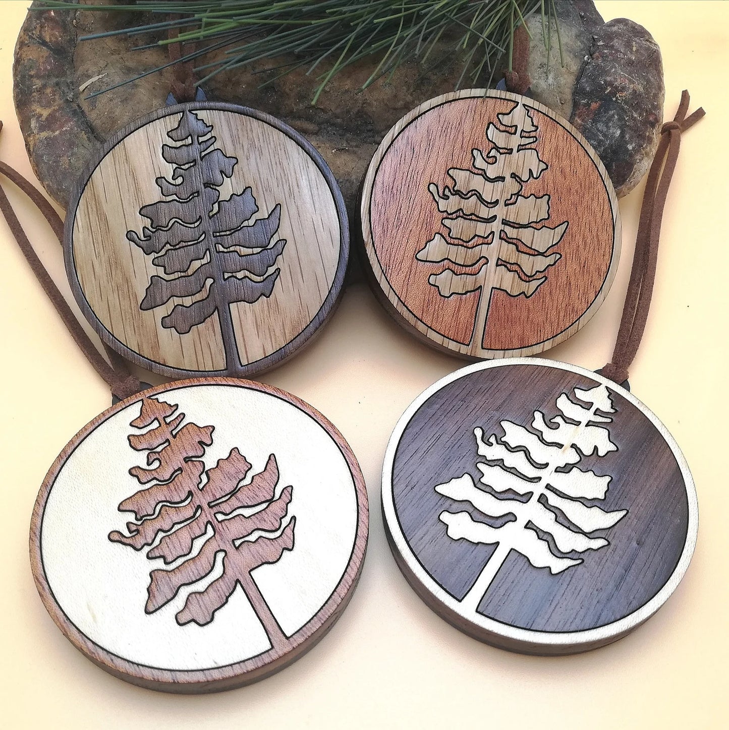 Wood Inlay Ornament Set: Pine Trees