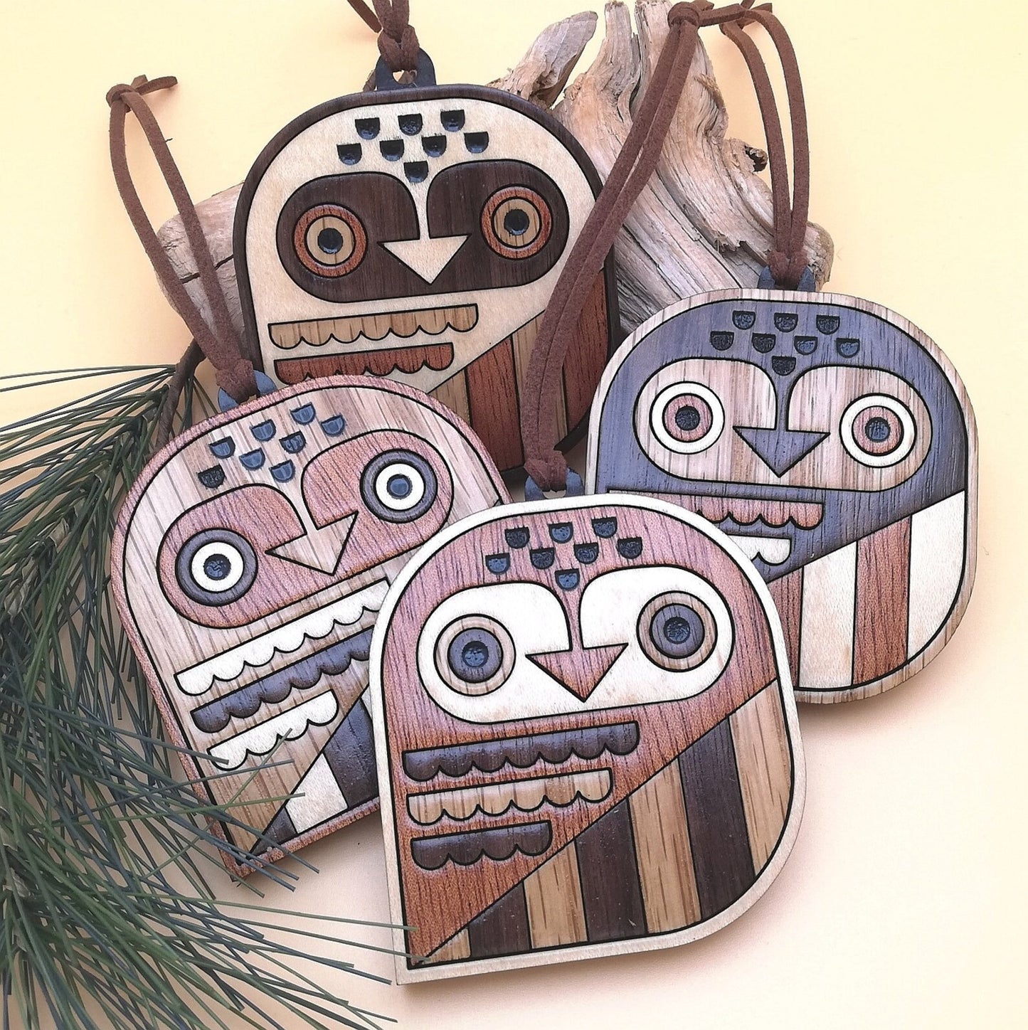 Wood Inlay Ornament Set: Owls