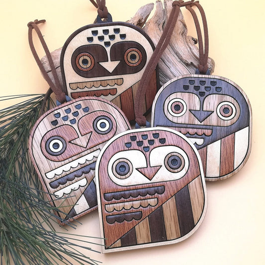Wood Inlay Ornament Set: Owls