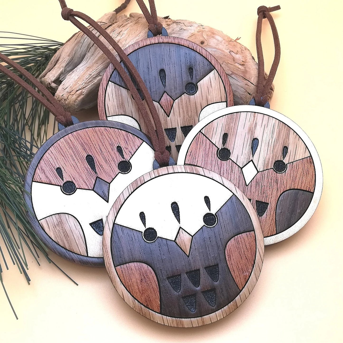 Wood Inlay Ornament Set: Birds (round)