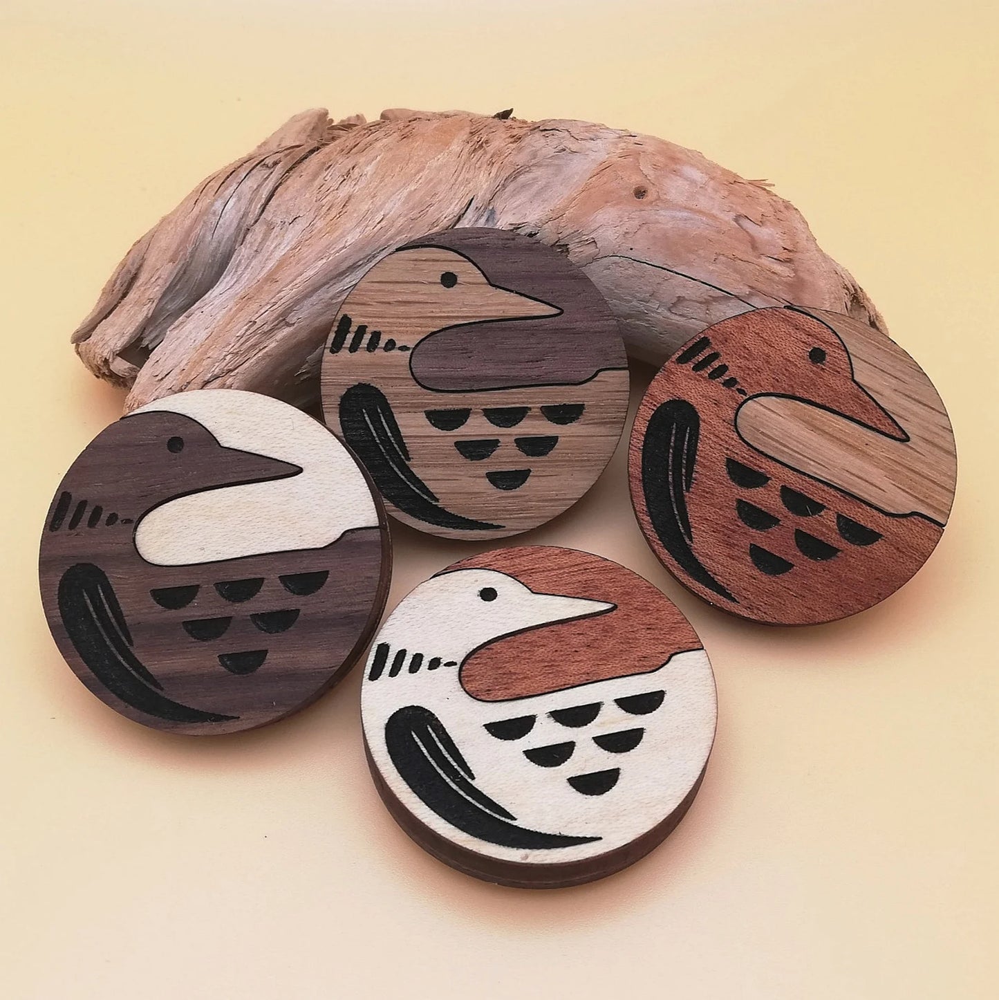 Wood Inlay Fridge Magnet Set: Loon