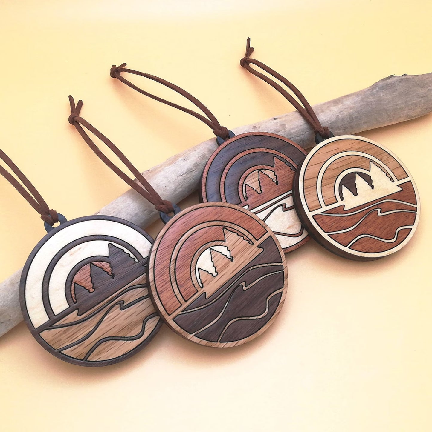 Wood Inlay Ornament Set: Lake Sunset