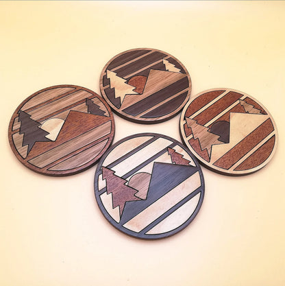 Wood Inlay Coaster Set: Mountain (round)