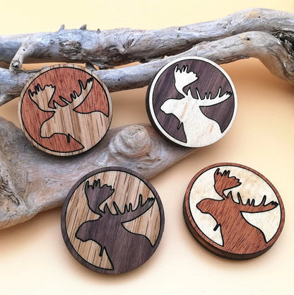 Wood Inlay Fridge Magnet Set: Moose