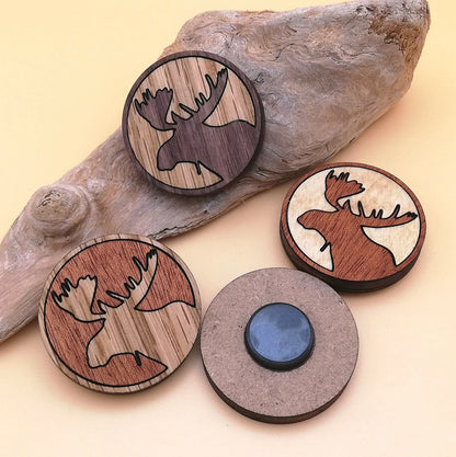 Wood Inlay Fridge Magnet Set: Moose