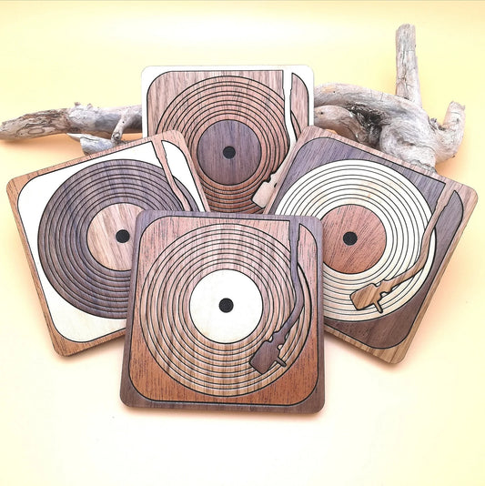 Wood Inlay Square Coaster Set: Record Player