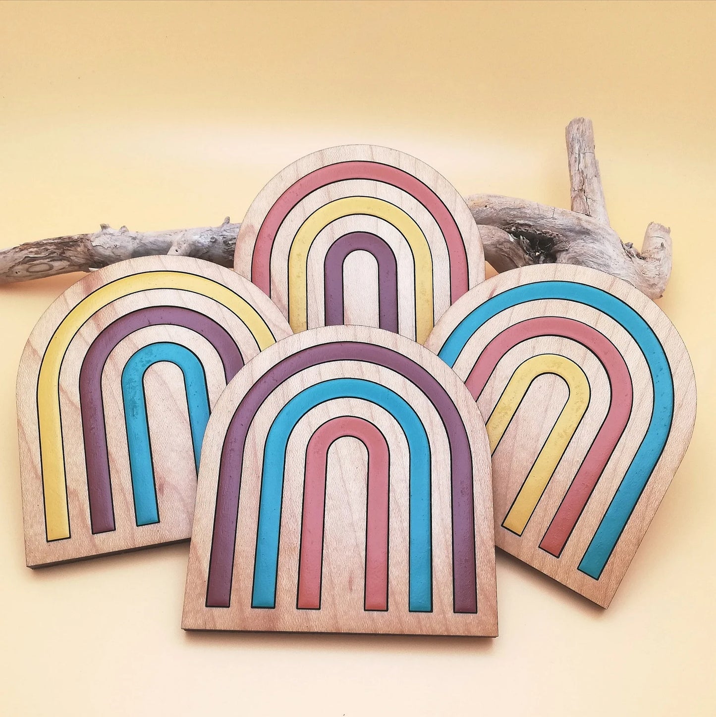 Wood Inlay Coaster Set: Boho Rainbow