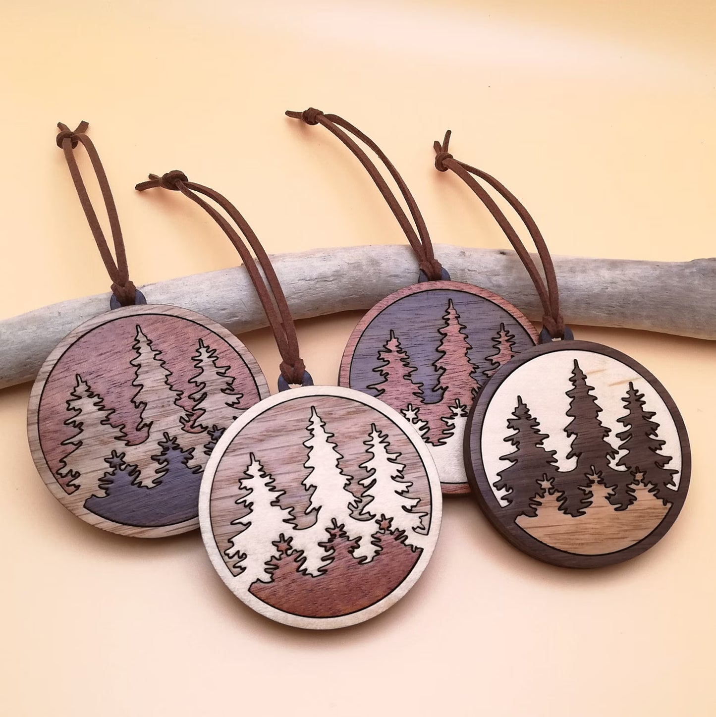 Wood Inlay Ornament Set: Three Trees