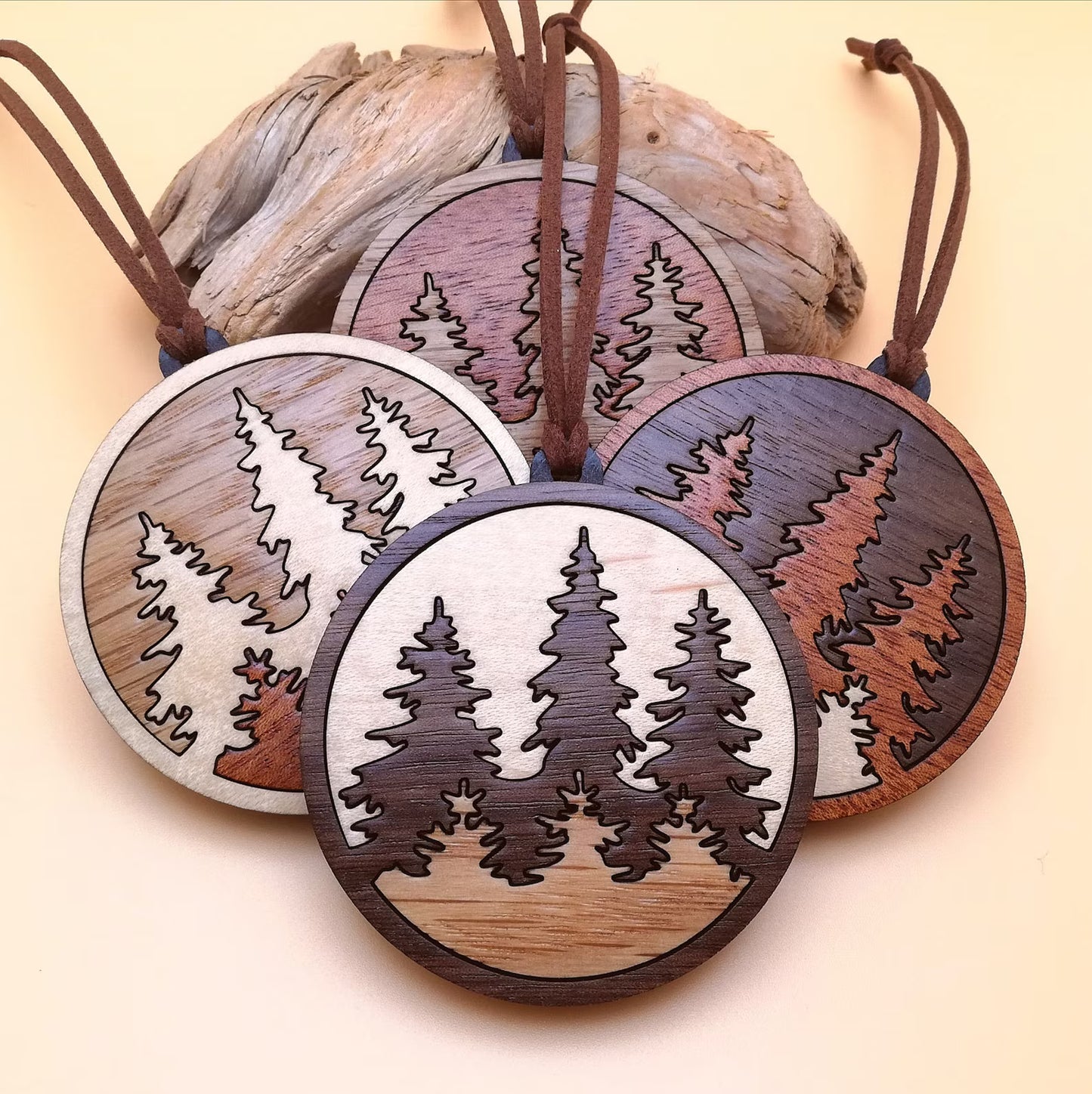 Wood Inlay Ornament Set: Three Trees