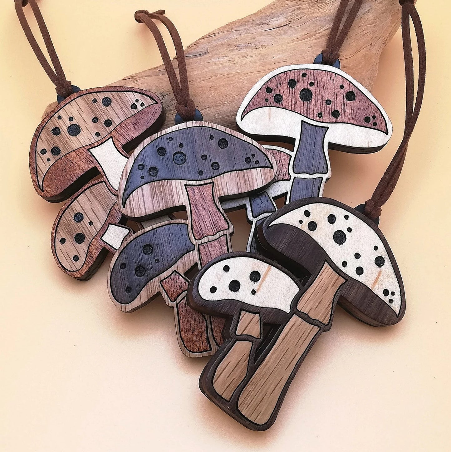 Wood Inlay Ornament Set: Mushrooms