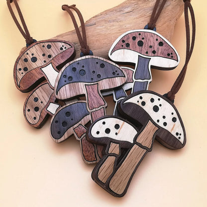 Wood Inlay Ornament Set: Mushrooms