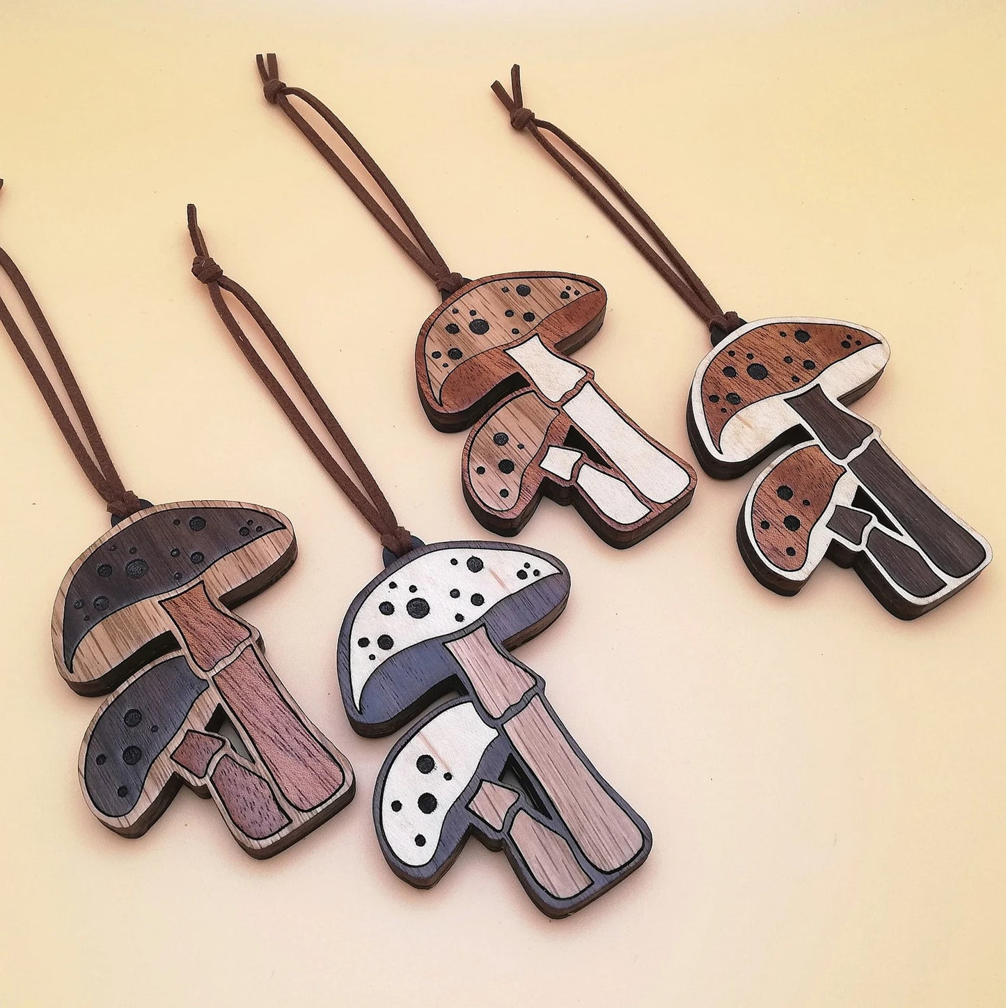 Wood Inlay Ornament Set: Mushrooms