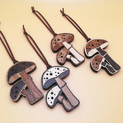 Wood Inlay Ornament Set: Mushrooms