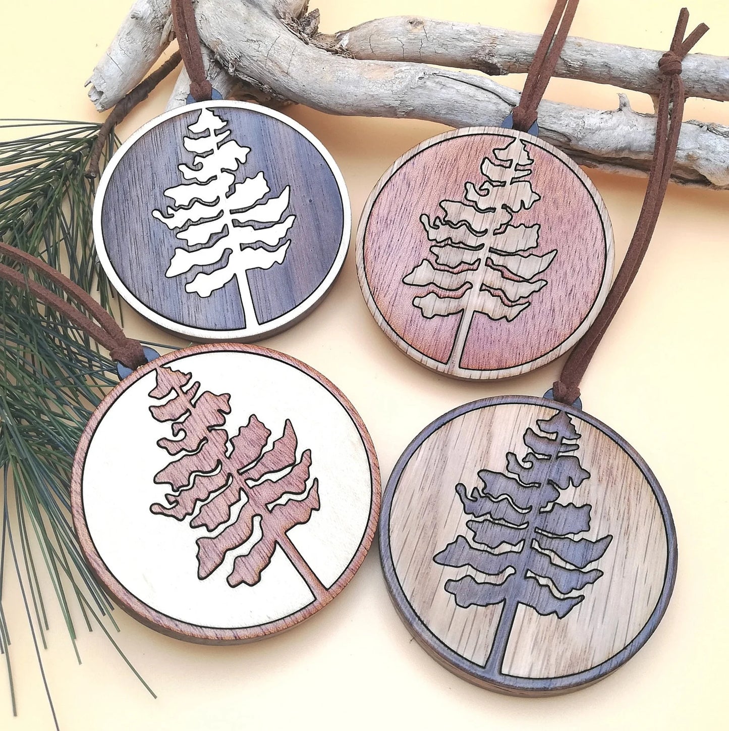 Wood Inlay Ornament Set: Pine Trees