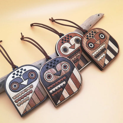 Wood Inlay Ornament Set: Owls