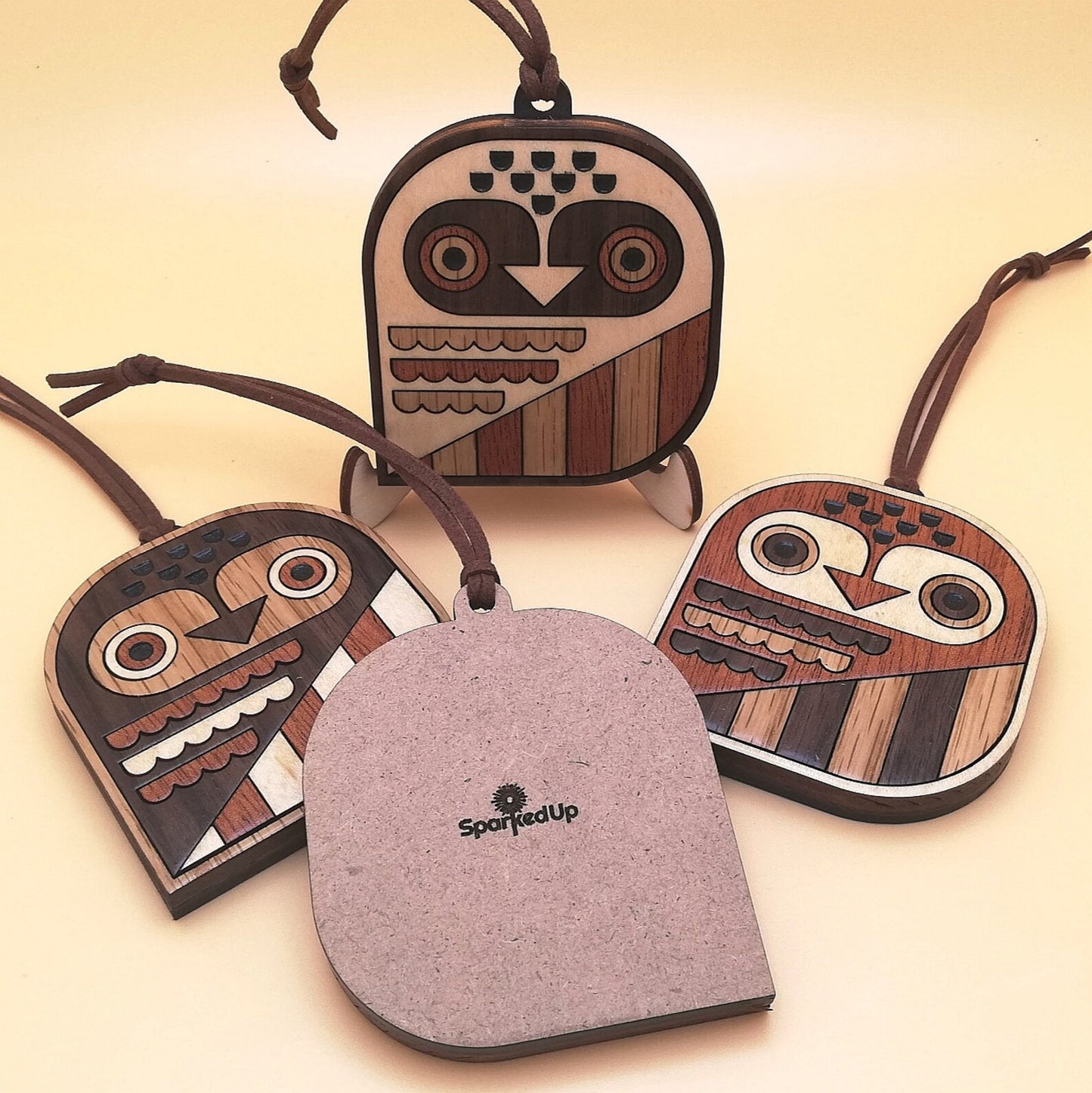 Wood Inlay Ornament Set: Owls