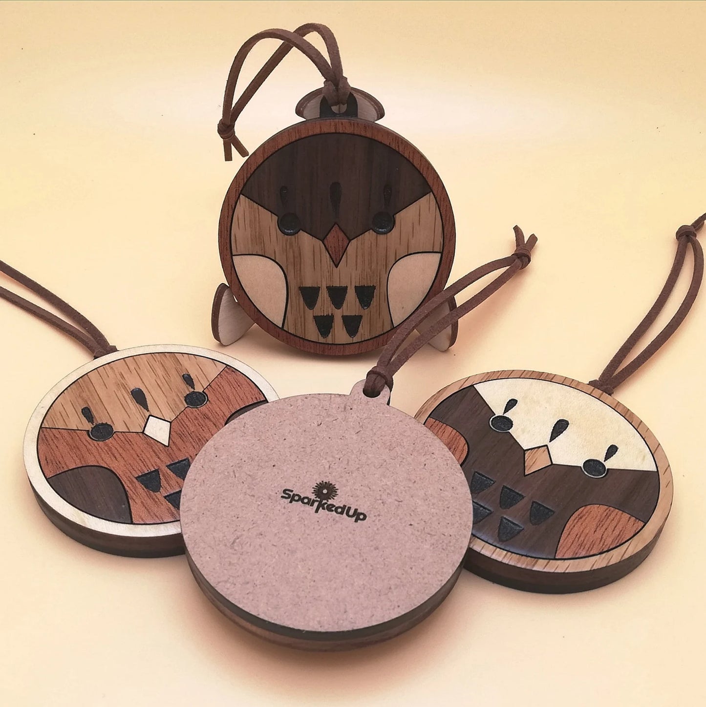 Wood Inlay Ornament Set: Birds (round)