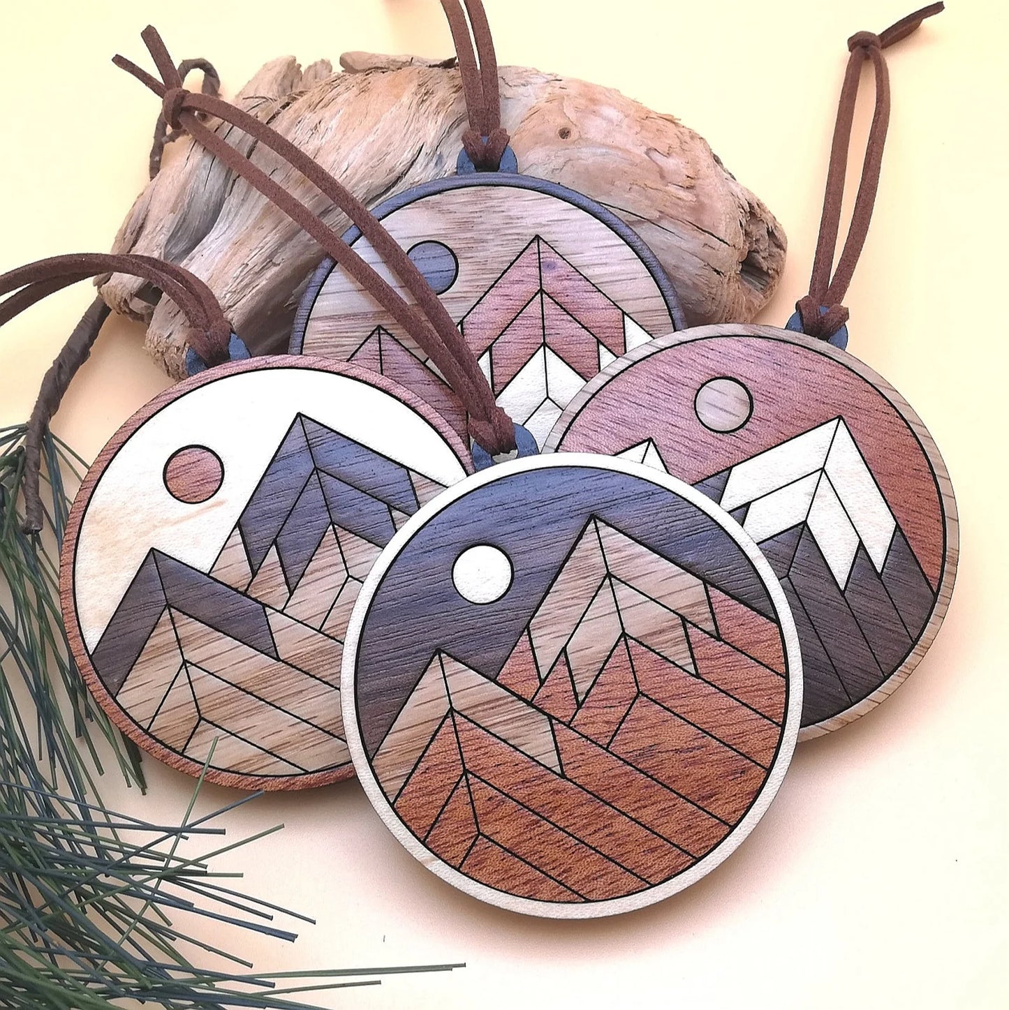Wood Inlay Ornament Set: Mountains