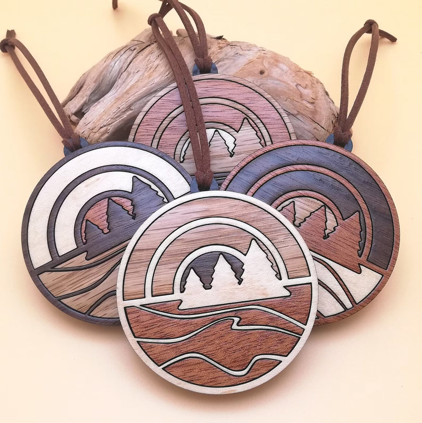 Wood Inlay Ornament Set: Lake Sunset