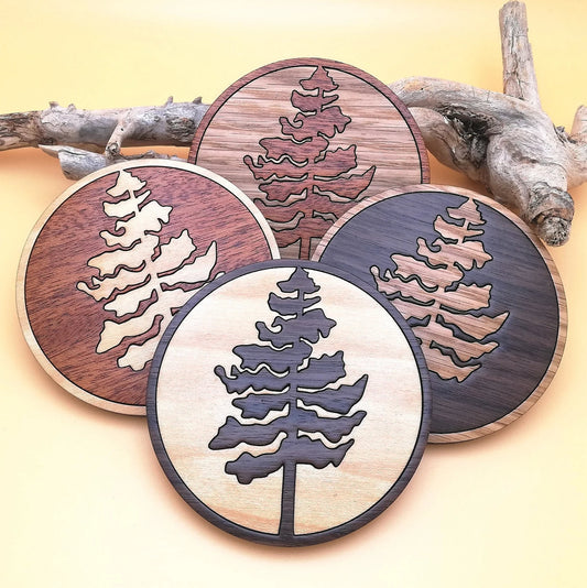 Wood Inlay Coaster Set: Pine Tree (round)