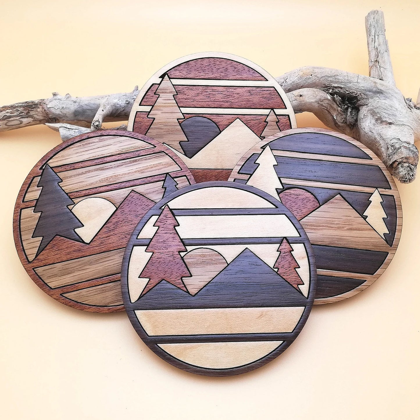 Wood Inlay Coaster Set: Mountain (round)