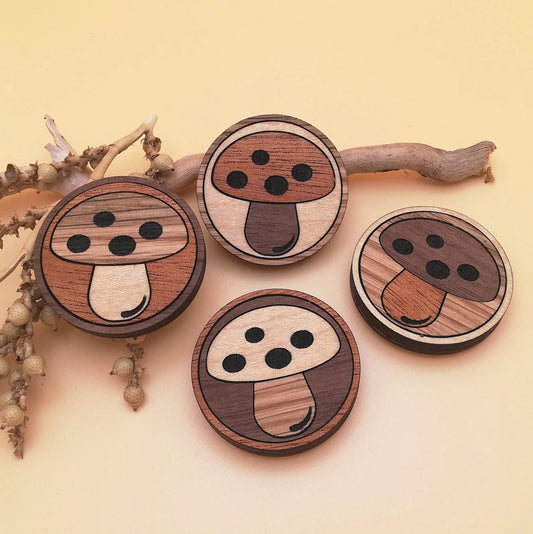 Wood Inlay Fridge Magnet Set:  Mushrooms (round)