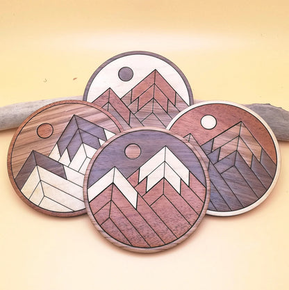 Wood Inlay Coaster Set: Rustic Mountain