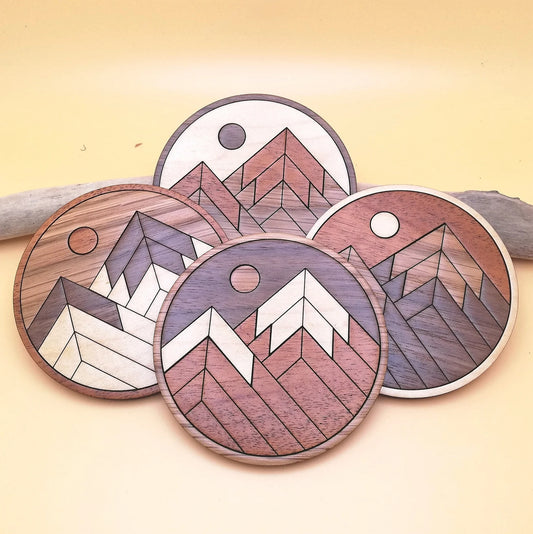 Wood Inlay Coaster Set: Rustic Mountain