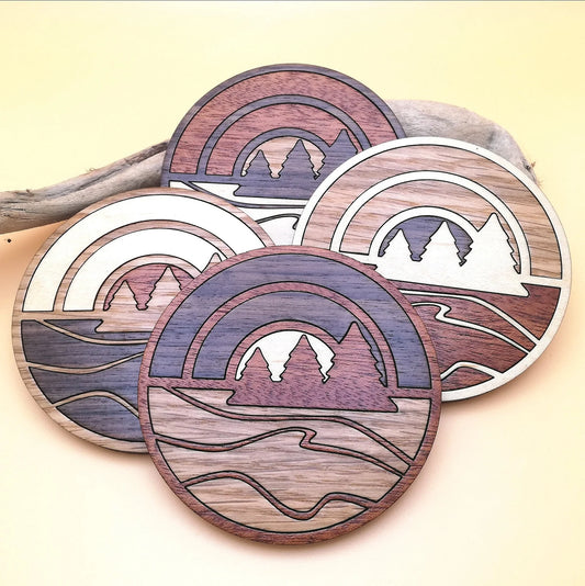 Wood Inlay Coaster Set: Lake Sunset