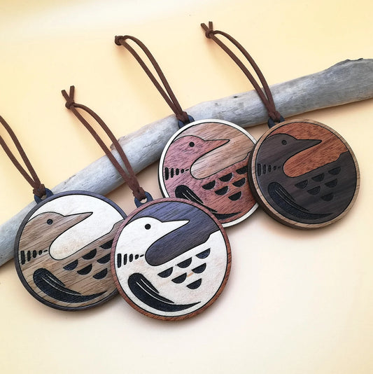 Wood Inlay Ornament Set: Loons