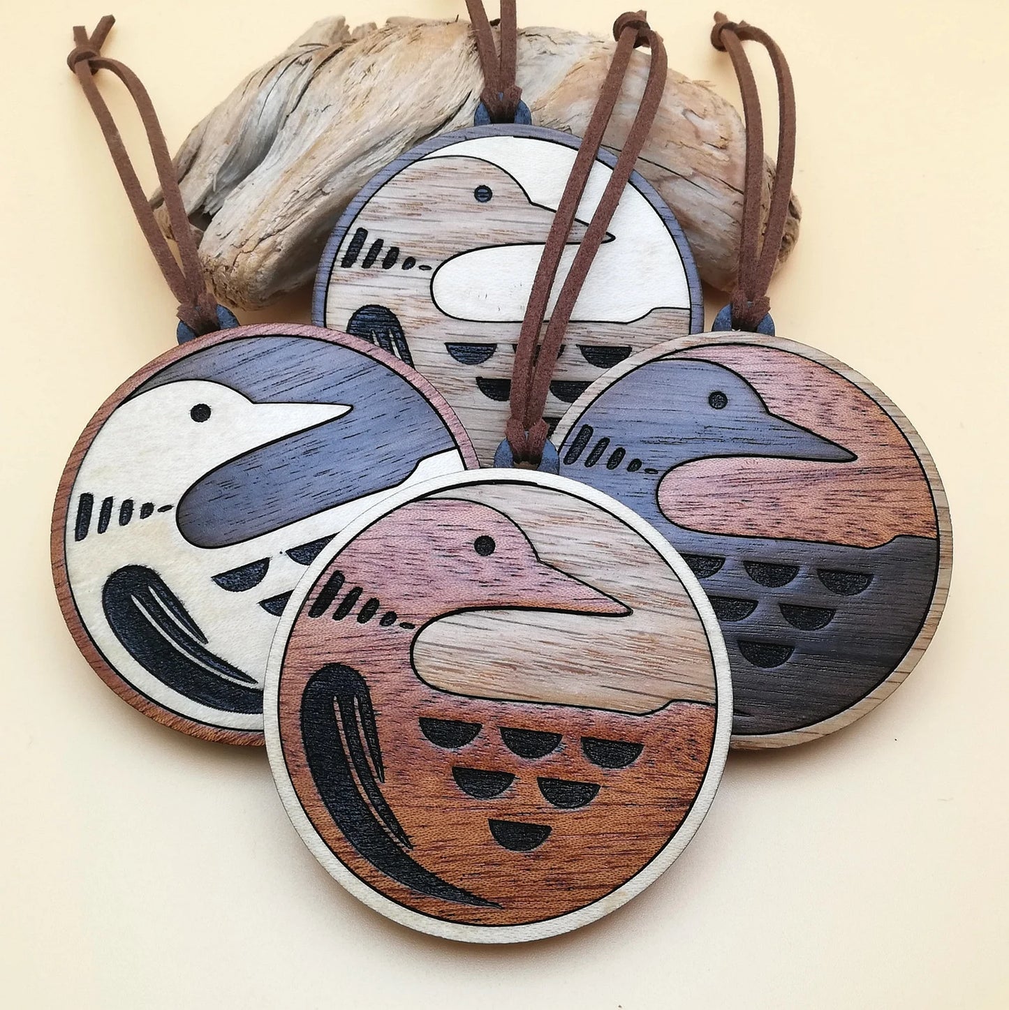 Wood Inlay Ornament Set: Loons