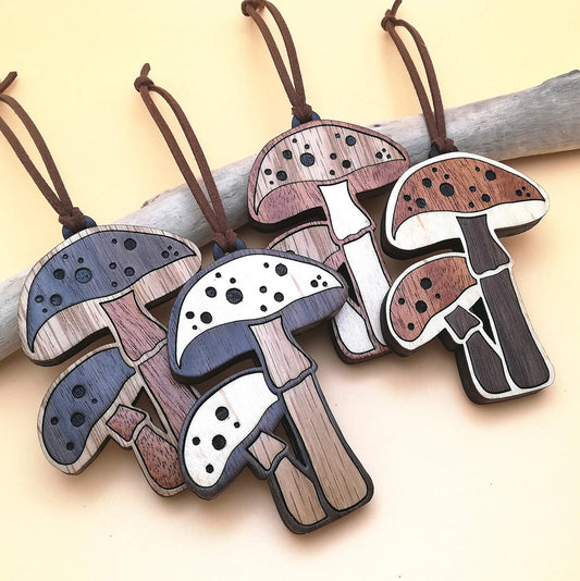 Wood Inlay Ornament Set: Mushrooms