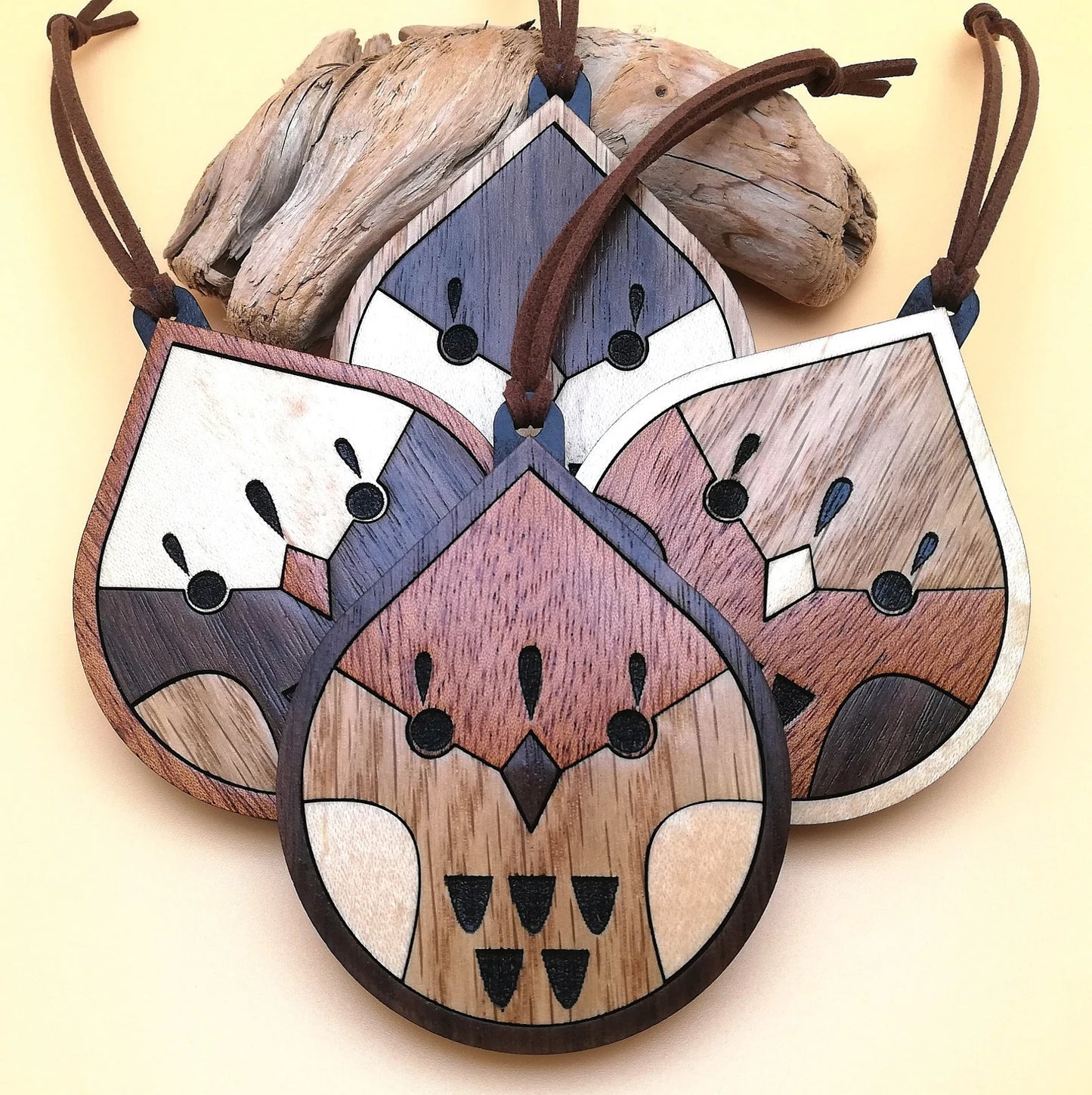 Wood Inlay Ornament Set: Birds (teardrop)