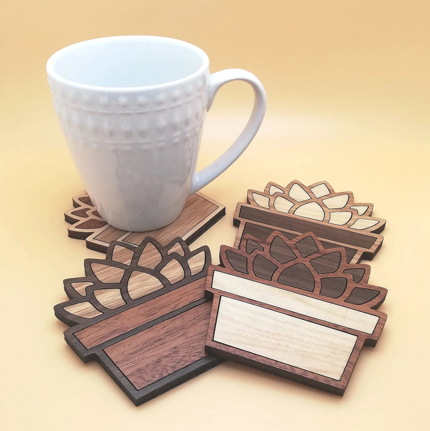 Wood Inlay Coaster Set: Succulent