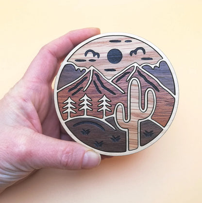 Wood Inlay Coaster Set: Cactus & Mountain