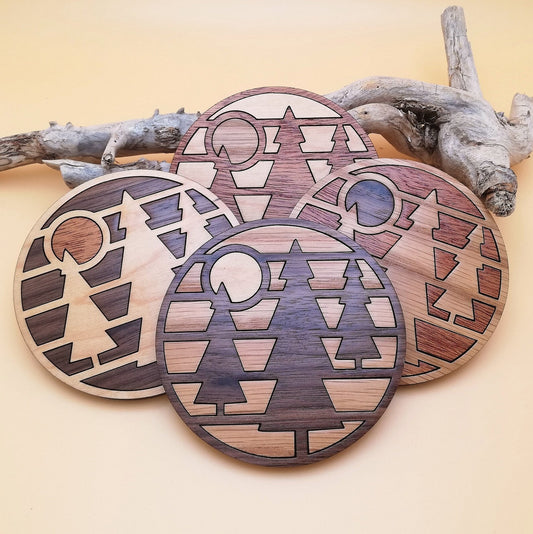 Wood Inlay Coaster Set: Pine Forest