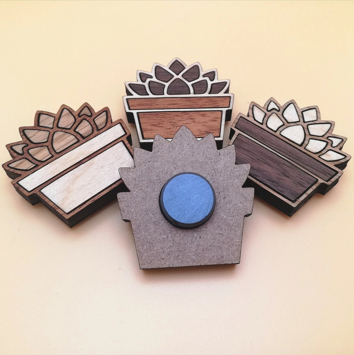 Wood Inlay Fridge Magnet Set: Succulent