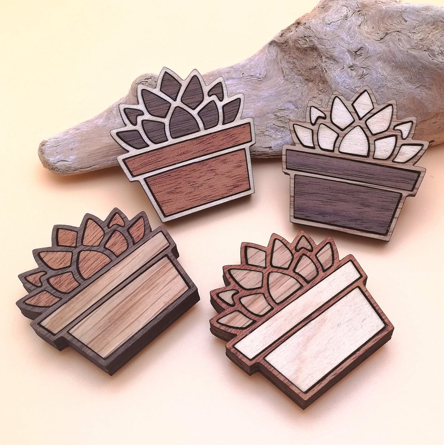 Wood Inlay Fridge Magnet Set: Succulent