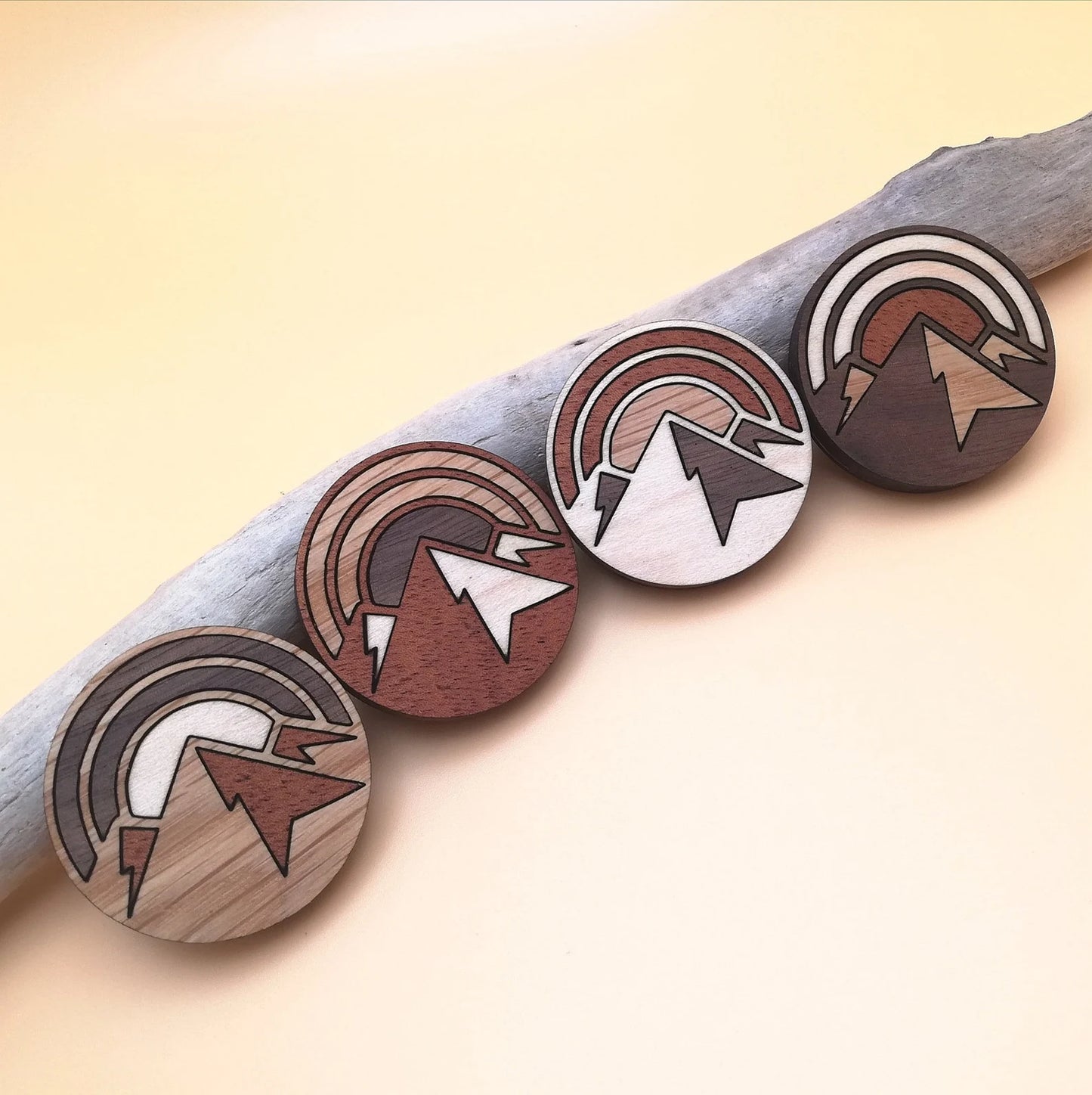 Wood Inlay Fridge Magnet Set: Mountain Sunset