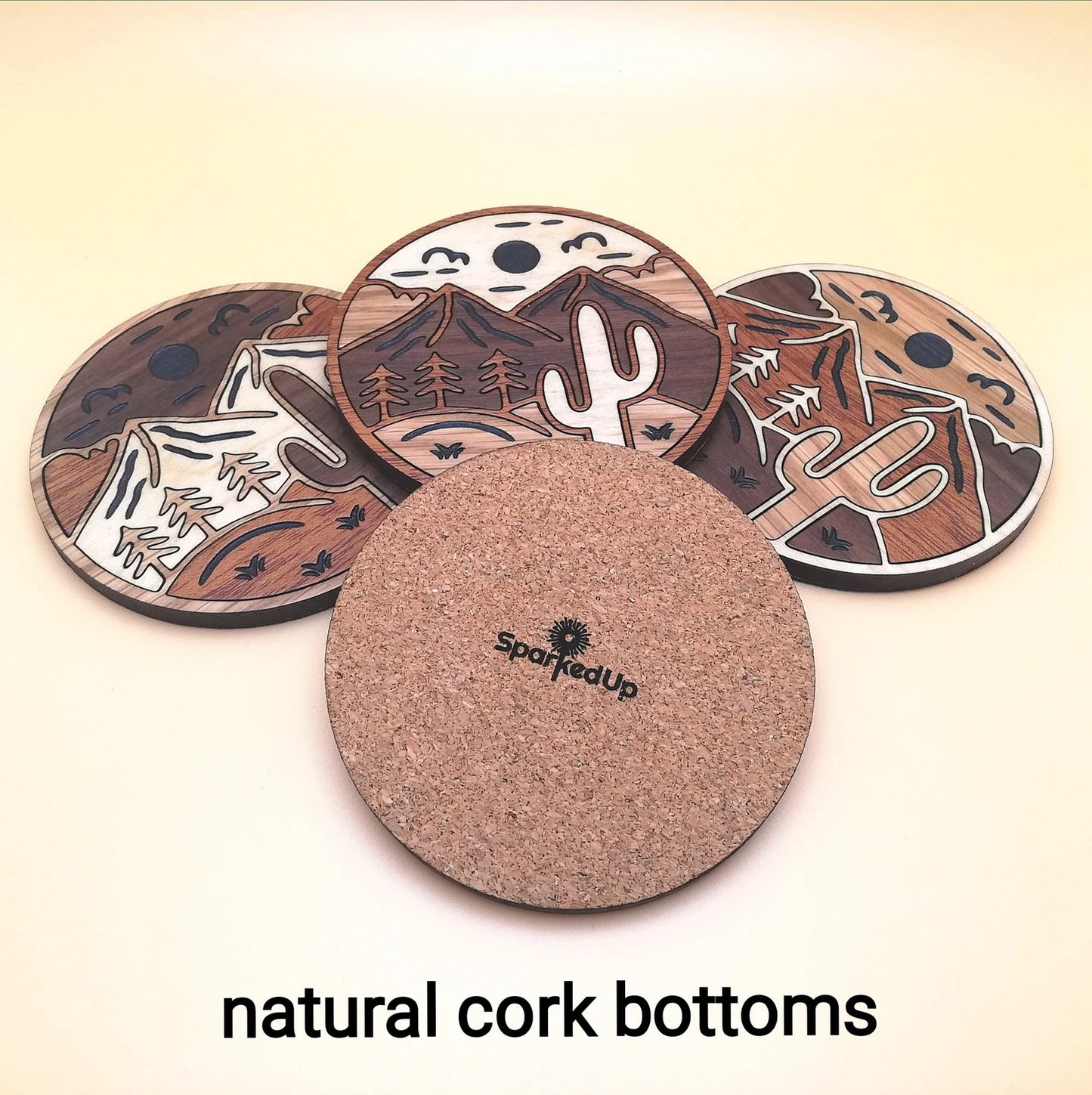 Wood Inlay Coaster Set: Cactus & Mountain