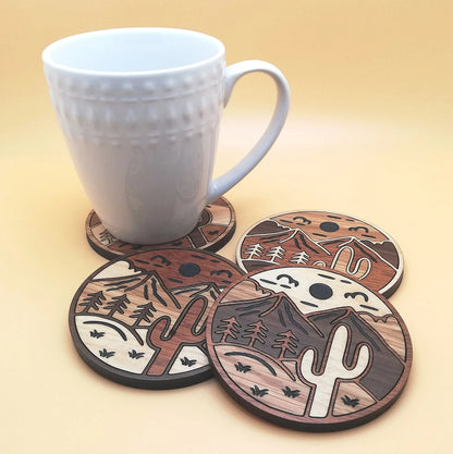 Wood Inlay Coaster Set: Cactus & Mountain