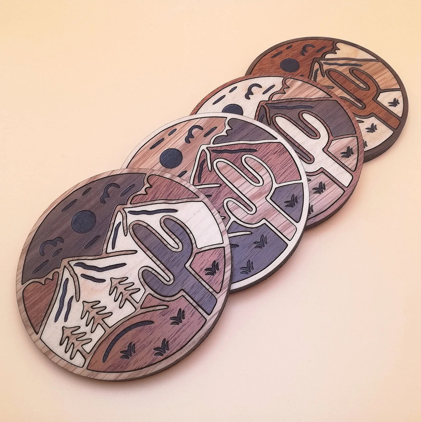 Wood Inlay Coaster Set: Cactus & Mountain