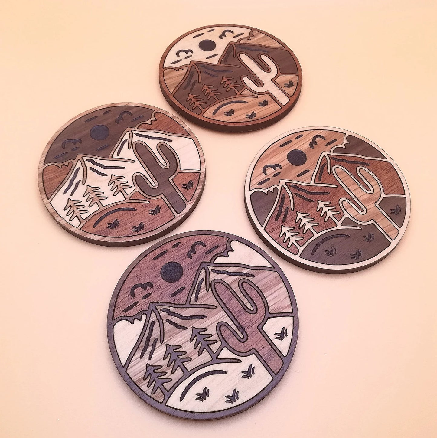 Wood Inlay Coaster Set: Cactus & Mountain