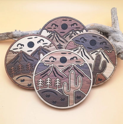 Wood Inlay Coaster Set: Cactus & Mountain