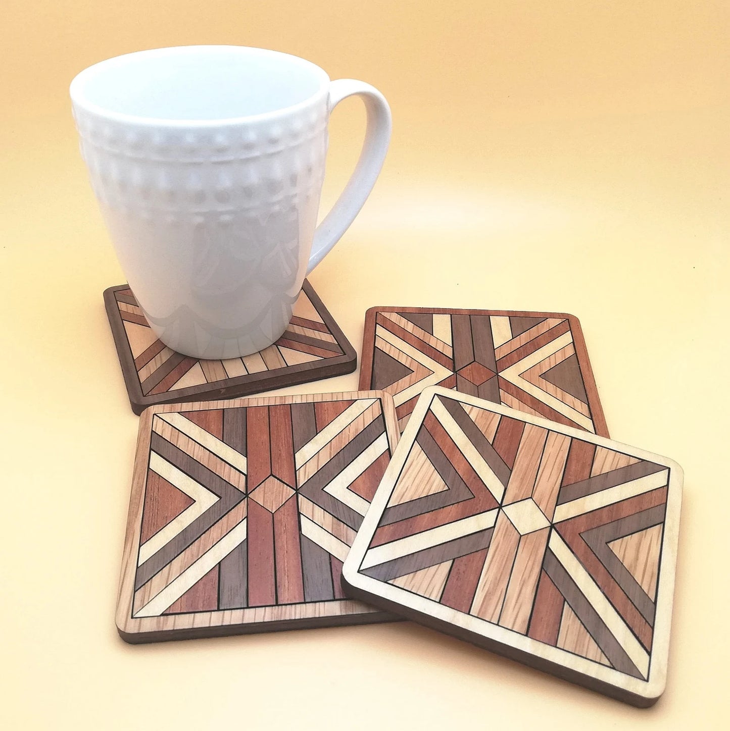 Wood Inlay Square Coaster Set: Barn Quilt