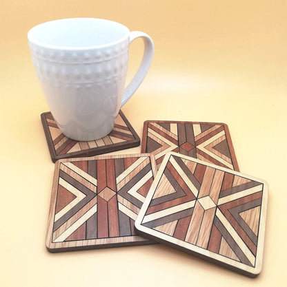 Wood Inlay Square Coaster Set: Barn Quilt