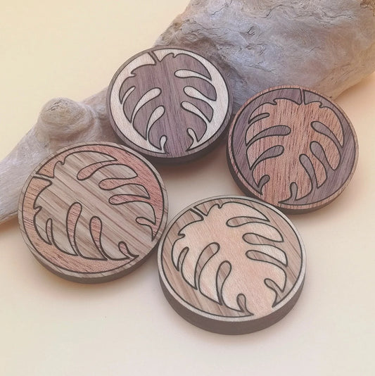 Wood Inlay Fridge Magnet Set: Monsterra Leaf