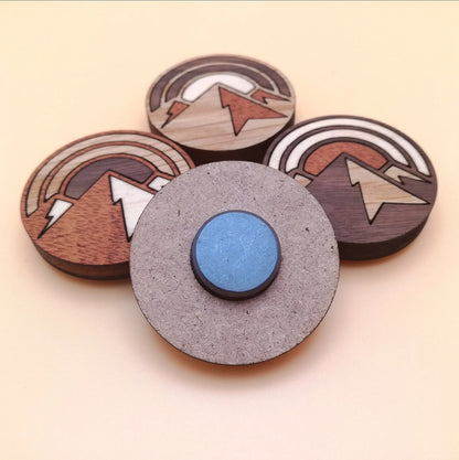 Wood Inlay Fridge Magnet Set: Mountain Sunset