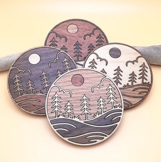 Wood Inlay Coaster Set: Lake and Tree Landscape