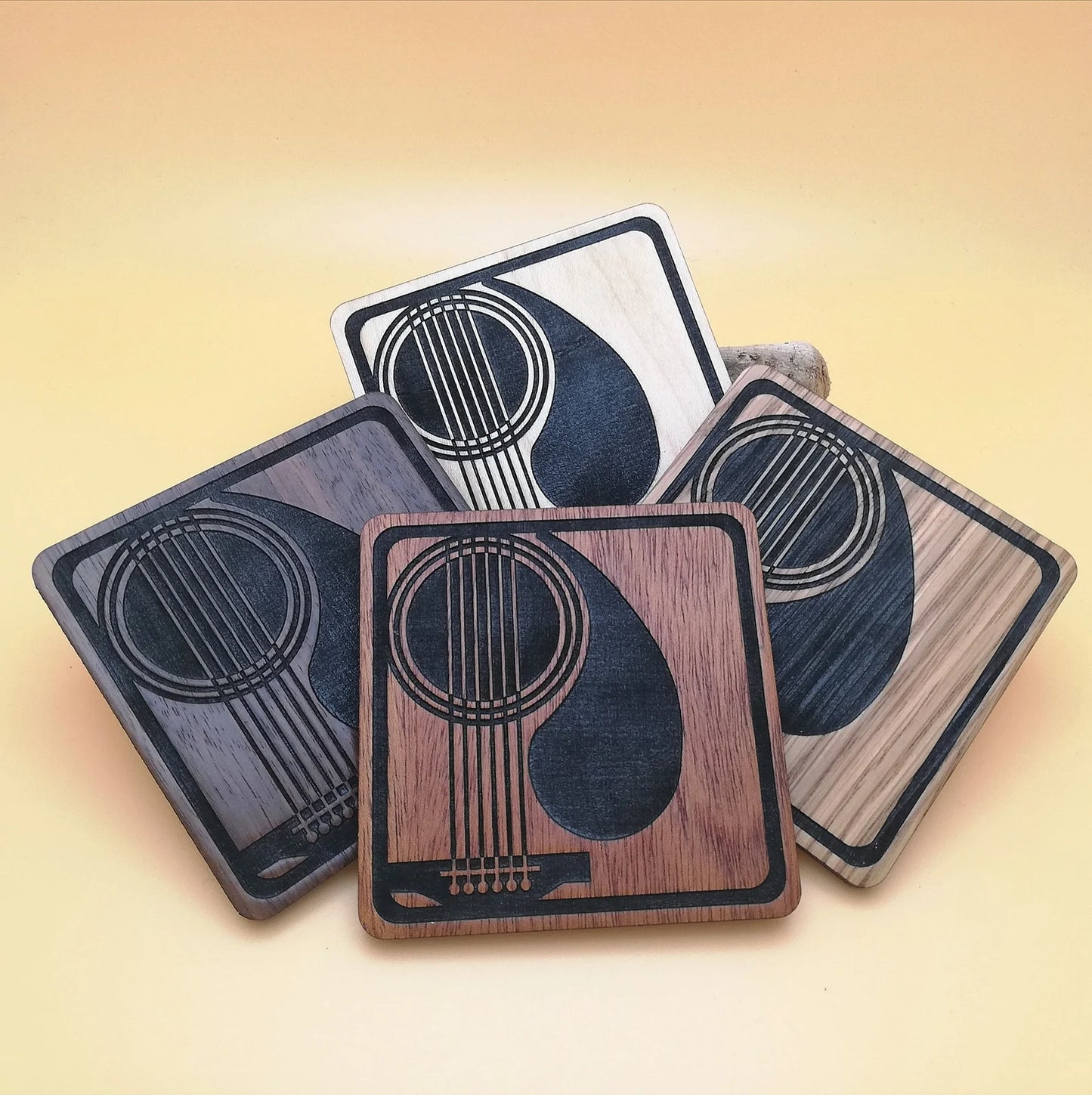 Engraved Wood Square Coaster Set: Guitar